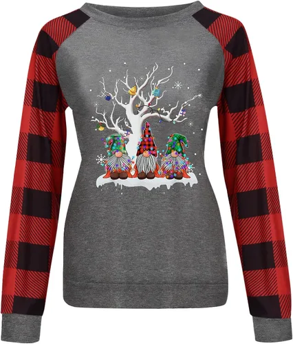 Vista 5 de BEUU - Camisas de Navidad para mujer, gnomo, reno, a cuadros, suéter de manga larga, sudaderas de moda de talla grande, 20210926-111-blanco