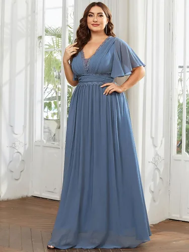 Vista 3 de Ever-Pretty Plus Vestidos formales de encaje de gasa plisados con cuello en V profundo para mujer talla extra grande 01511-DA