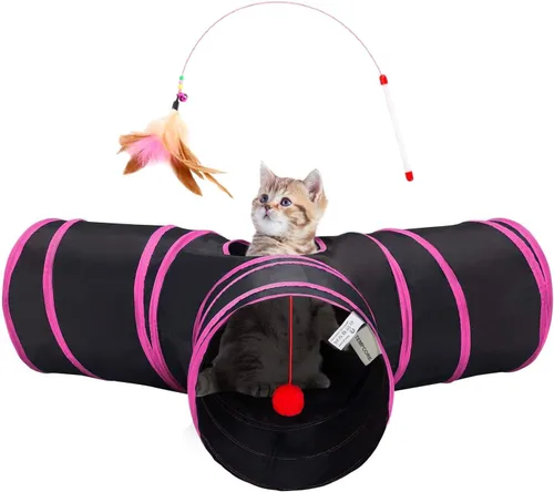Vista 16 de Tempcore Túnel para gatos con tubo de juguete, túneles plegables de 3 vías para gatos, túneles para mascotas aburridas con agujero y pelota, juguete