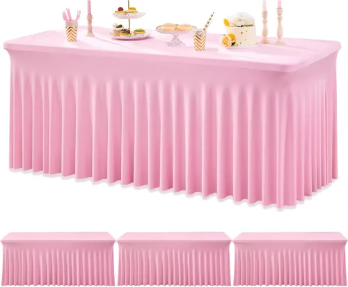 Vista 14 de Paquete de 3 Manteles de Spandex Azul Bebé para Mesas Rectangulares de 6 Pies, Falda de Mesa Azul Elástica Ajustada de 6 Pies para Fiestas de Boda
