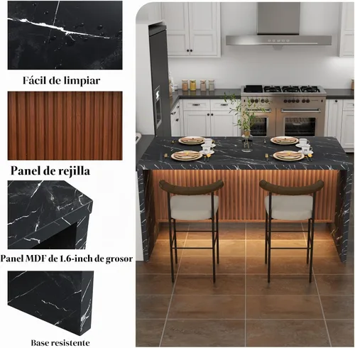 Vista 6 de Mesa de comedor grande de imitación de mármol de 63" para 4-6 personas (patente pendiente), mesa de isla con luces LED, mesa de comedor de cocina