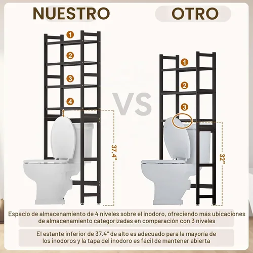 Vista 3 de Cozivolife Estante de almacenamiento de bambú sobre el inodoro: 4 niveles y Marrón