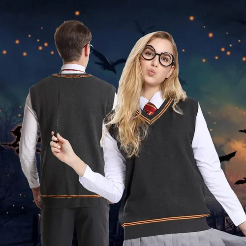 Vista 3 de Laahoem Chaleco unisex para disfraz de cosplay para hombre y mujer, chaleco de otoño e invierno, uniforme escolar, sin mangas, suéter de punto