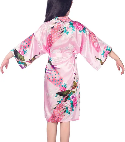 Vista 2 de Kimono Wonderfit satinado con tocado de pavo real y flores para niñas para spa cumpleaños boda