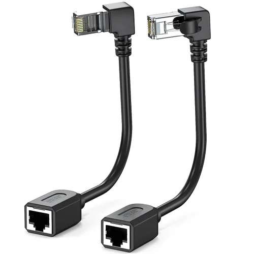 Vista 14 de Paquete de 2 cables de extensión Ethernet Cat 7 de 6 pulgadas, 10Gbps 90 grados en ángulo descendente RJ45 macho a hembra, cable de conexión LAN