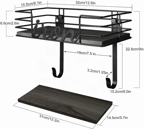 Vista 5 de TJ.MOREE Soporte de pared para tabla de planchar – Soporte para plancha y tabla de planchar, soporte de pared de metal con gran almacenamiento Negro