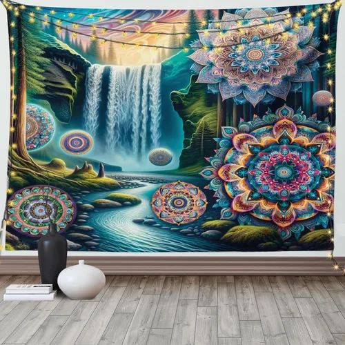 Vista 53 de Ambesonne Tapiz Trippy, vista panorámica de la cascada con bosques de ensueño y mandala oriental psicodélico, decoración de tela para colgar