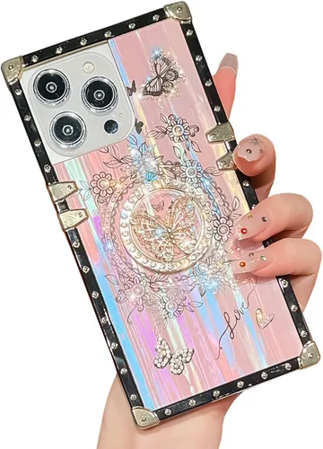Vista 52 de Funda Rectangular de Lujo Femenina Compatible con iPhone 16 Pro Max Diseñada con Soporte de Anillo de Diamante con Función de Atril