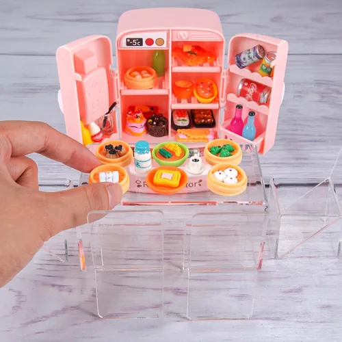 Vista 2 de 95 piezas de refrigerador de casa de muñecas en miniatura, mini nevera, mesa, coche de comedor, juguete con juego de comida, muebles de cocina