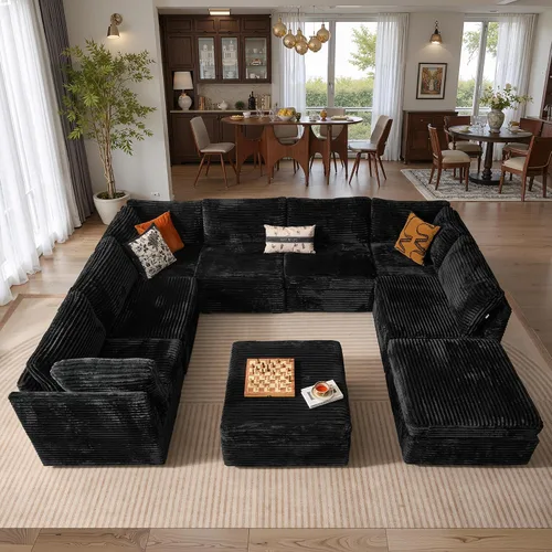 Vista 40 de Ovios - Sofá modular con diván en forma de U y otomanas, cómodo y mullido, tapizado en pana estilo nube, moderno, asiento profundo, juego de sofás