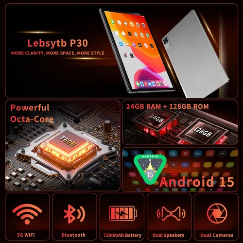 Vista 2 de Tablet Android con teclado, tableta Android 15 de 10 pulgadas con 24 GB (4 + 20) RAM+128 GB de ROM (1 TB expandible), 8 núcleos, 7200 mAh, WiFi 5G