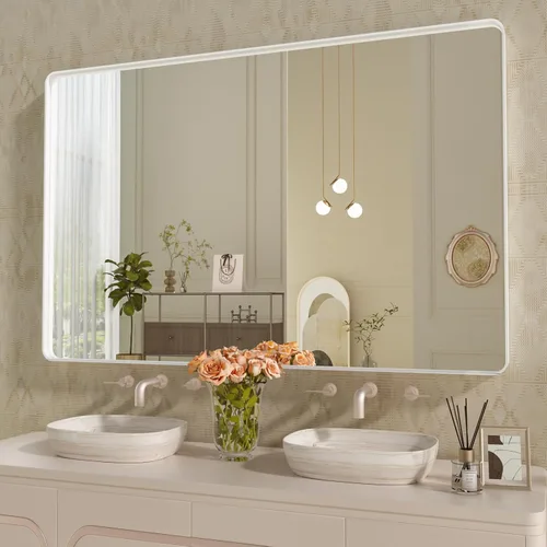 Vista 76 de WEER - Espejo de baño con luces LED, 50x70cm, espejo de tocador montado en la pared, 3 colores regulables, almohadilla antiempañante retroiluminada