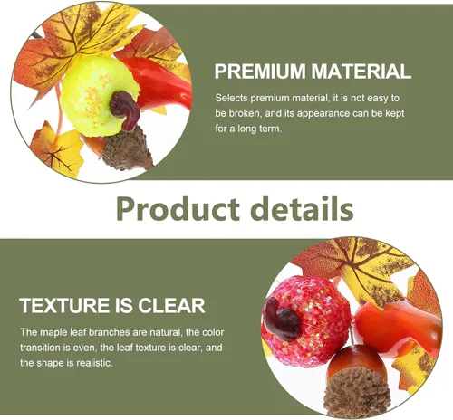 Vista 7 de Abaodam 10 piezas de ramas artificiales de hoja de arce, púas de otoño de imitación con calabazas, conos de pino para granja, otoño, Acción