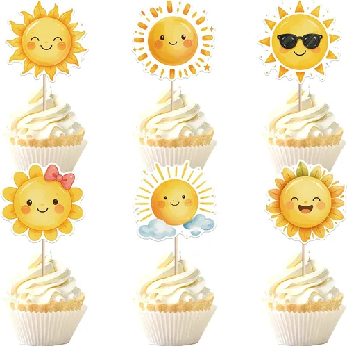 Vista 12 de 36 piezas de decoración para cupcakes de sol de doble cara con diseño de flores y sonrisas, decoración de cupcakes SunShine para temática de sol
