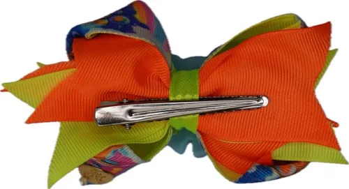 Vista 3 de Bow made of double grosgrain ribbon in complementary colors main color lime green handmade porcelain teddy bear