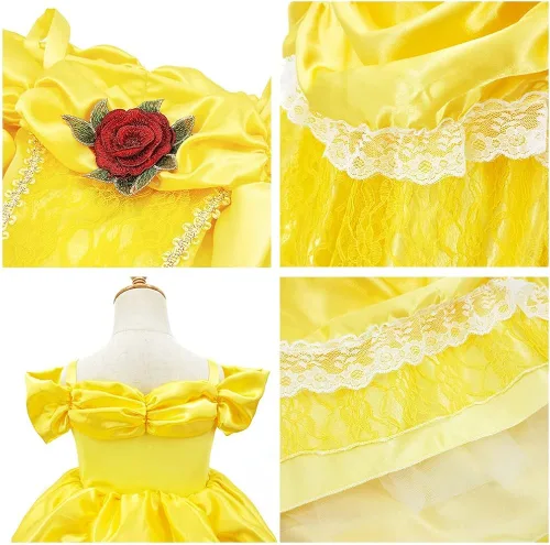 Vista 4 de HOIZOSG Belle Princess Dress Up para niñas, Beauty and The Beast, disfraz de Halloween, Navidad, fiesta de cumpleaños, vestido de baile elegante