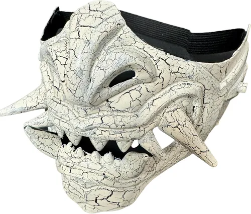 Vista 3 de Máscara de monstruo japonés Hannya Demon Oni Samurai Half Face Shield Crack Style Negro
