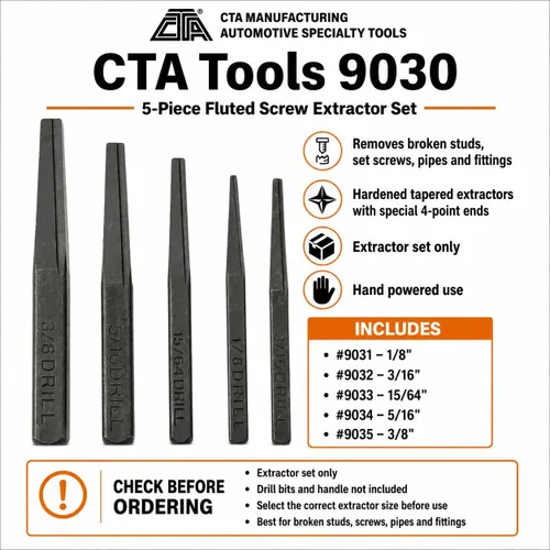 Vista 7 de CTA Tools 9030 Juego de extractor de tornillos estriados, kit de herramientas manuales de 5 piezas para pernos rotos, tornillos de fijación