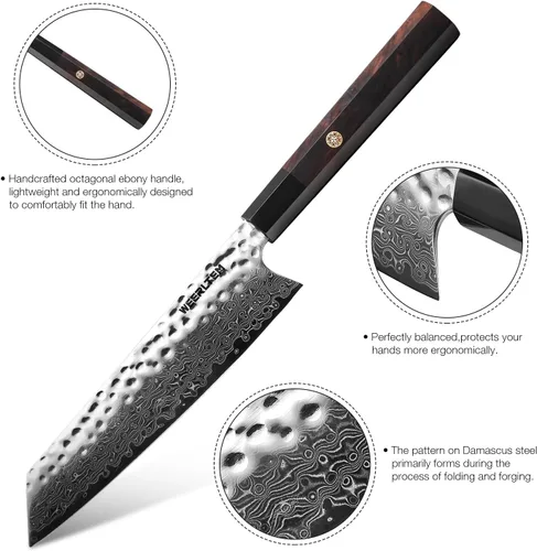Vista 4 de Kiritsuke - Cuchillo de chef de 8 pulgadas, forjado a mano de 67 capas VG10 de acero de alto carbono, cuchillo de chef japonés de Damasco martillado