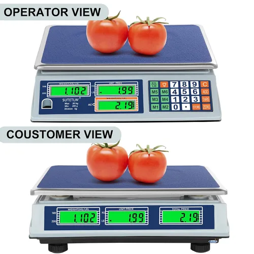 Vista 4 de Báscula de cálculo de precios de 66 lb/30 kg de doble LCD digital comercial con plataforma de acero inoxidable, báscula comercial recargable