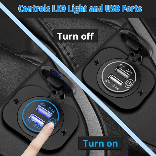 Vista 2 de Toma USB Doble de 12V Salida Marina con Interruptor Puerto USB para Carrito de Golf Montaje de Cargador de Coche de 12 Voltios DC Adaptador