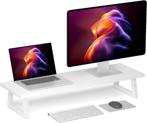 Vista 8 de TEAMIX Elevador de monitor doble de 31.5 pulgadas, soporte largo negro para monitor, soporte de TV ancho para 2 monitores, soporte de escritorio