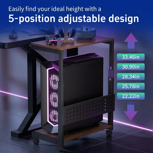 Vista 7 de [Usado] Soporte de torre para computadora/soporte de torre de PC con ruedas, doble nivel y carrito de soporte de CPU ajustable de 5 niveles Nogal