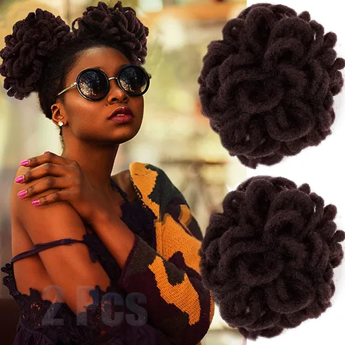Vista 12 de Abellee 2 moños de Loc para mujeres negras, 8 pulgadas, moño de pétalos de Loc, Afro, cola de caballo alta, cordón de coleta, extensiones de cabello