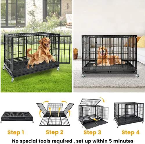 Vista 3 de Jaula apilable de 47 pulgadas para perros grandes de alta ansiedad, jaula indestructible a prueba de escapes para interiores con doble puerta