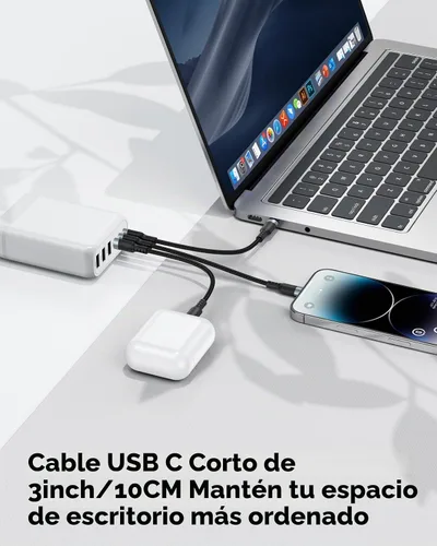 Vista 4 de Cable corto USB C a USB C de 3 pulgadas, paquete de 2 unidades, cable PD