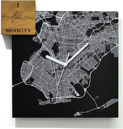 Vista 13 de Modern Wall Clock - Black Aluminum with Silver Fiber Laser Engraving - Square - Contemporary Design - Personalized City Map - Home Town - Location