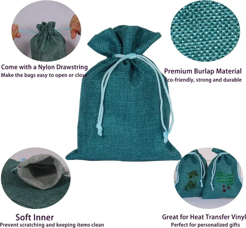 Vista 4 de 50 bolsas de arpillera con cordón, pequeñas bolsas de regalo de lino, bolsas de joyería de yute para recuerdos de boda, fiestas, manualidades