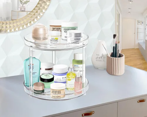 Vista 2 de Lazy Susan - Organizador de baño giratorio de 360 grados, 2 niveles de 10.6 pulgadas, organizadores de maquillaje para tocador, organizadores