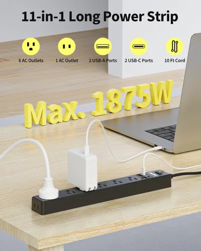 Vista 2 de Regleta protectora de sobretensiones de 10 pies, 7 tomacorrientes, 4 puertos USB (2 USB C), cable de extensión plano ultrafino y enchufe plano, 1700