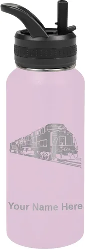 Vista 28 de LaserGram Botella de agua personalizada, tren de carga, acero inoxidable de doble pared aislada al vacío con popote superior, regalo grabado Negro