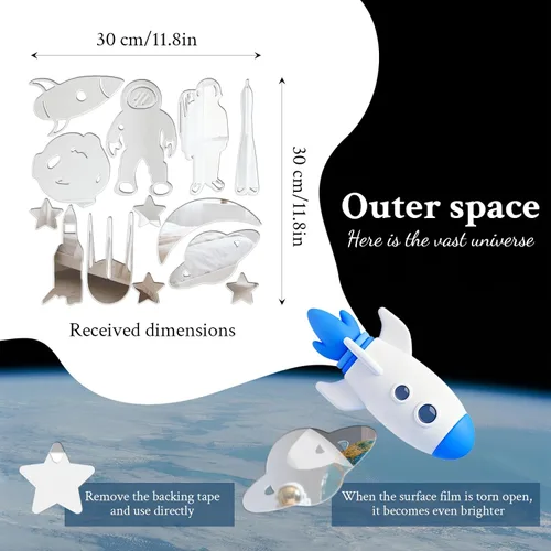 Vista 7 de 14 calcomanías de pared de espejo de cohete espacial de astronauta, calcomanías de pared de planeta del espacio exterior, decoración de dormitorio
