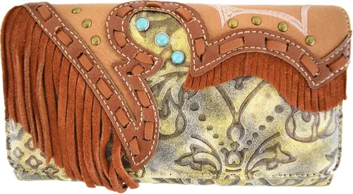 Vista 3 de Estilo occidental Fringe Conchos Gema Rhinestone tachonado tejido cuero bolso país bolso mujeres hombro cartera conjunto