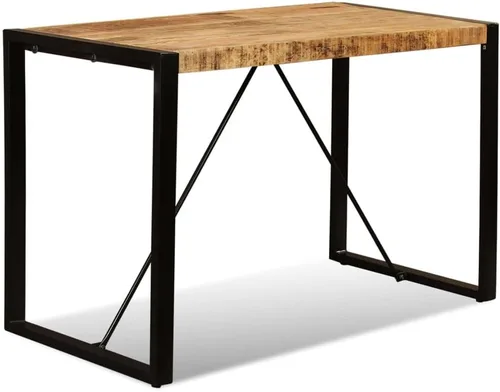 Vista 8 de Mesa de comedor industrial de 47.2 pulgadas, mesa de cocina de madera maciza de mango áspero con patas de acero, marrón y negro, para comedor