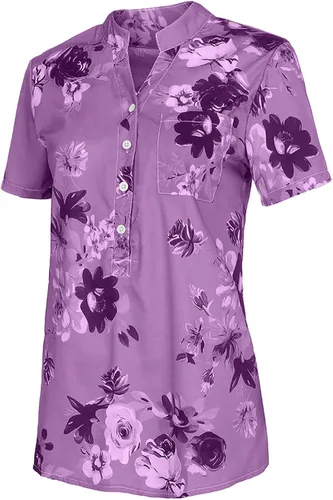 Vista 5 de MRGIINRI Womens Tops 2023 Button Down Summer Fashion Floral Blouse Dressy Casual Short Sleeve Loose Fit Shirts with Pockets