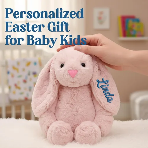 Vista 8 de TNYKER Conejito de Pascua personalizado para bebés, con nombre personalizado, conejito de peluche con orejas largas con monograma, muñeca de conejo