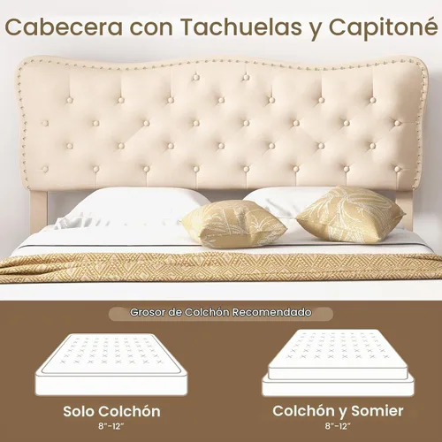 Vista 8 de Giantex Base de cama tamaño Queen color beige, plataforma tapizada de tela de lino con cabecera de clavos, base de colchón con botones y listones