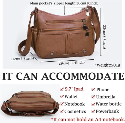 Vista 3 de Bolso bandolera de piel sintética suave para mujer, bolso cruzado con múltiples bolsillos, bolso cruzado mediano espacioso a la moda con asa superior