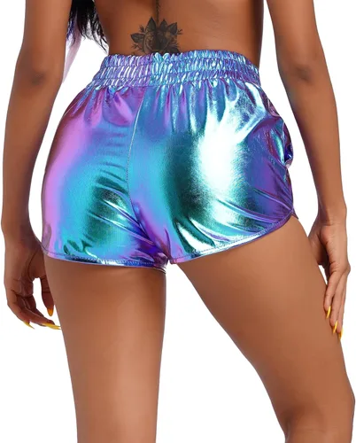 Vista 5 de Pantalones cortos metálicos para mujer con gafas, festival de música, baile, Halloween, disfraz de alienígena, cosplay, pantalones de cintura alta