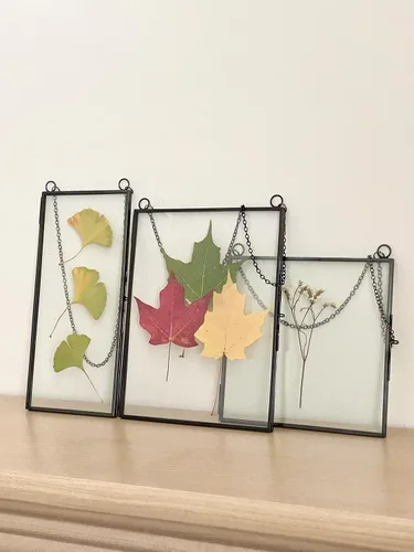Vista 8 de Beedecor Juego de 2 marcos colgantes de vidrio doble para flores prensadas, hojas y obras de arte, marco flotante de metal grande con cadena, marcos