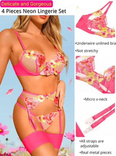 Vista 2 de Kaei&Shi Bordado floral, con aros, tanga y liguero, lencería de 4 piezas