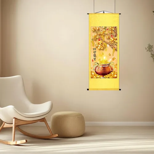 Vista 3 de Zzooi Feng Shui - Arte de pared de árbol del dinero, árbol de monedas, árbol del tesoro, pergamino de seda, póster de seda colgante de fortuna
