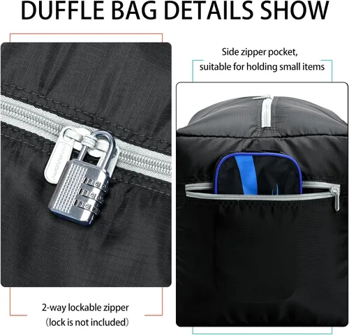 Vista 2 de Bolsa de lona plegable de 30 pulgadas 75 L ligera con resistente al agua para viajes Negro 75L