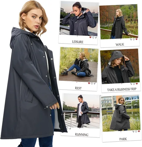 Vista 5 de UNIQUEBELLA Chubasqueros impermeables para mujer, impermeables, abrigos largos con capucha para lluvia, rompevientos, gabardina para exteriores