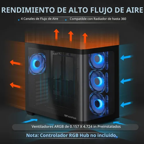Vista 3 de darkFlash ATX Mid-Tower Estuche para PC Gaming, Enchufe Trasero BTF para Placa Base, con 4 Ventiladores ARGB Estuche para Computadora, Vidrio Curvo