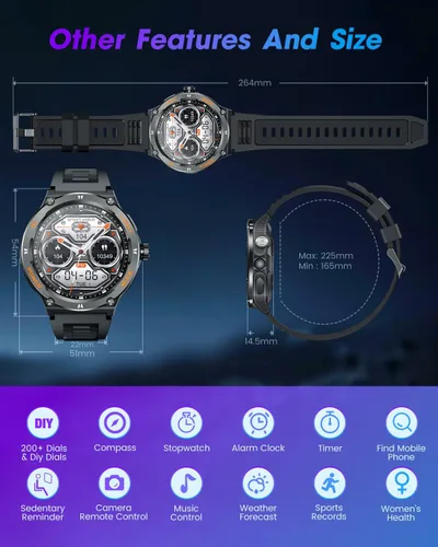 Vista 7 de Reloj inteligente para hombres Android Fitness Tracker: 1.53 "Militar Reloj inteligente con linterna brújula hacer respuesta Bluetooth Llamada